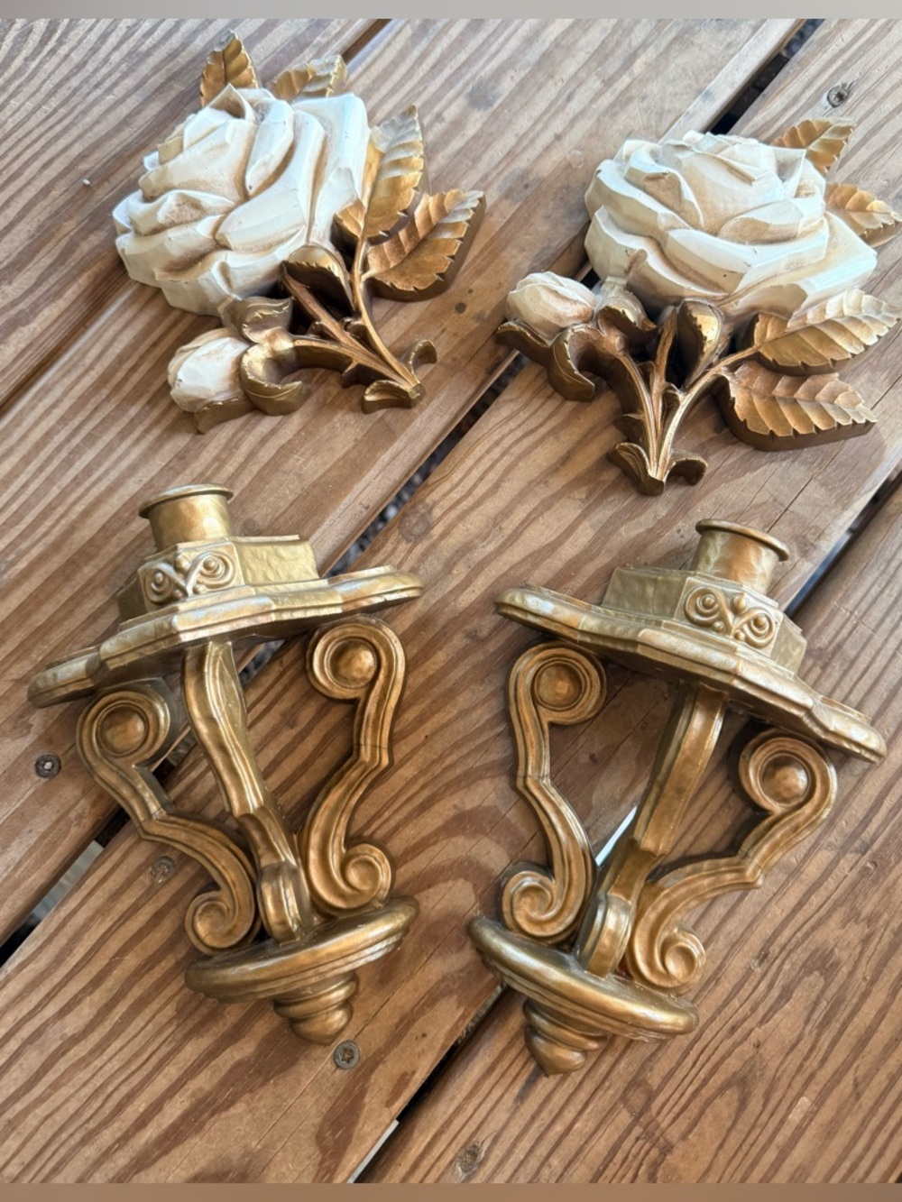 Syroco Hollywood Regency Gold White Roses Wall Candle Sconce Resin Metal 1974